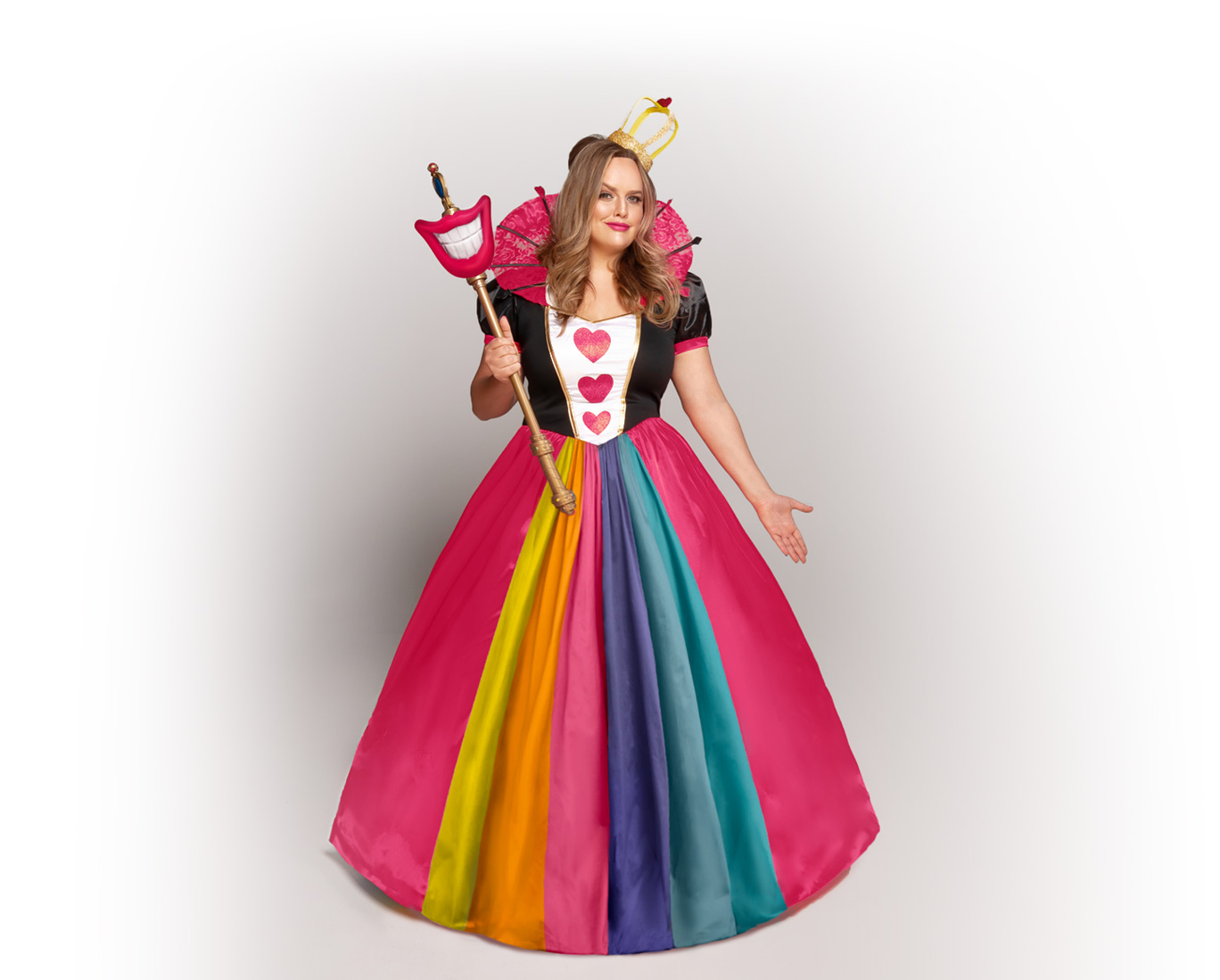 Rachael Kay Albers, woman dressed as queen of hearts with rainbow dress and mouth scepter