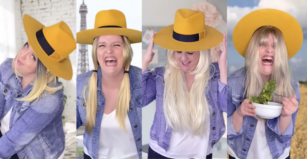 girl boss yellow hat eiffel tower laughing with salad
