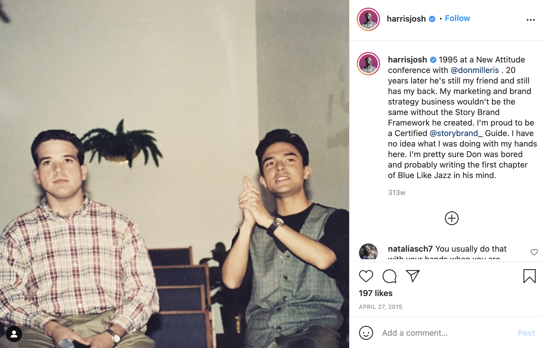Instagram post featuring a young Donald Miller and Joshua Harris in 1995