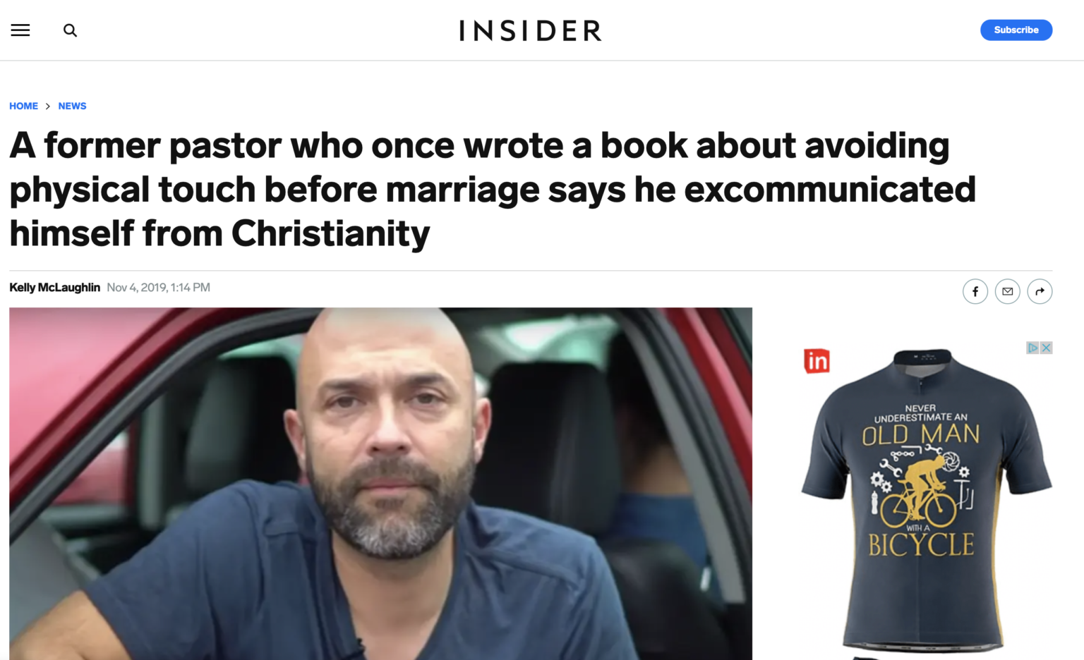 Insider article with headline "A former pastor who once wrote a book about avoiding physical touch before marriage says he excommunicated himself from Christianity"