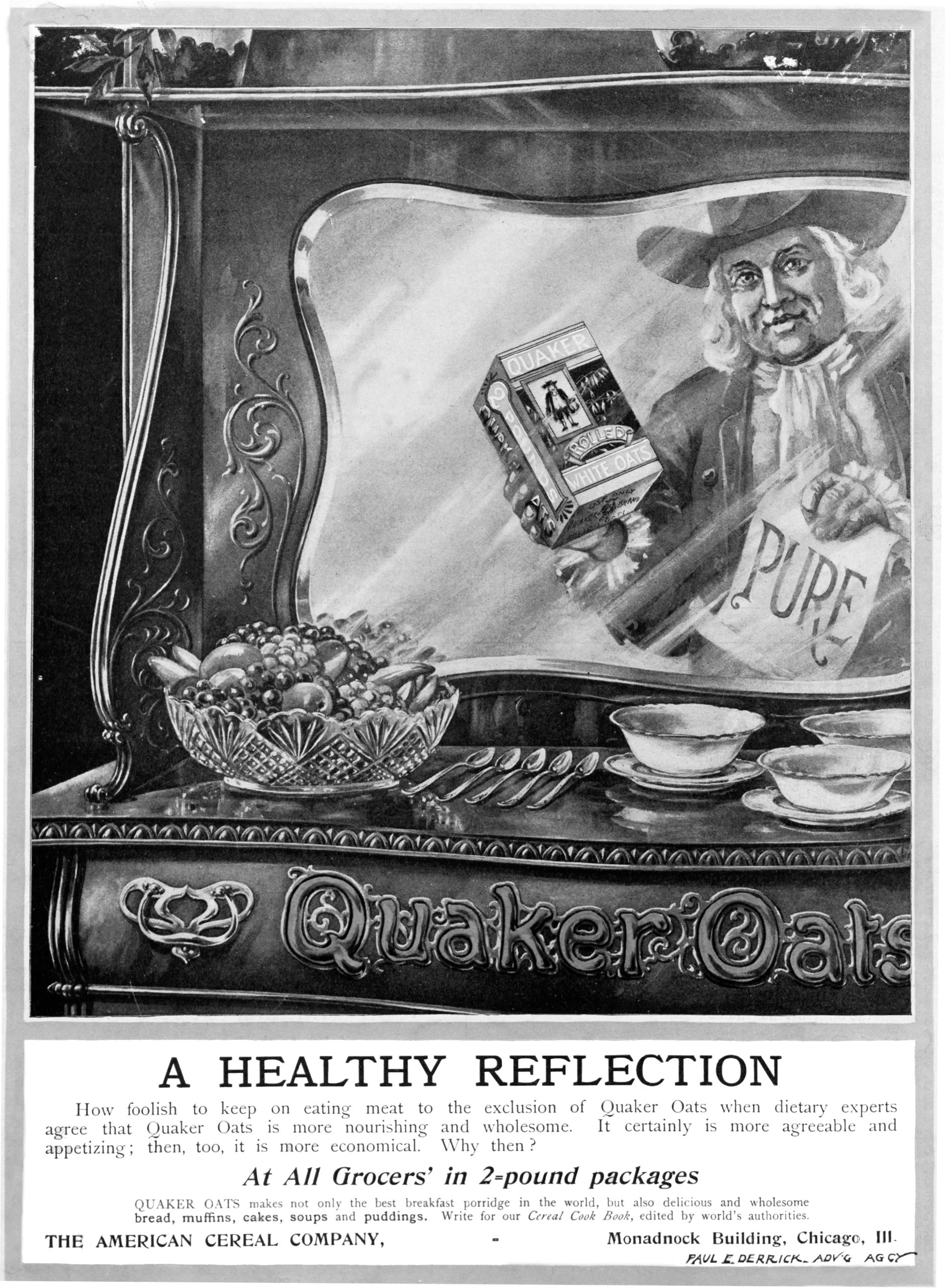 The original Quaker Oats man from a vintage ad emphasizing "purity"