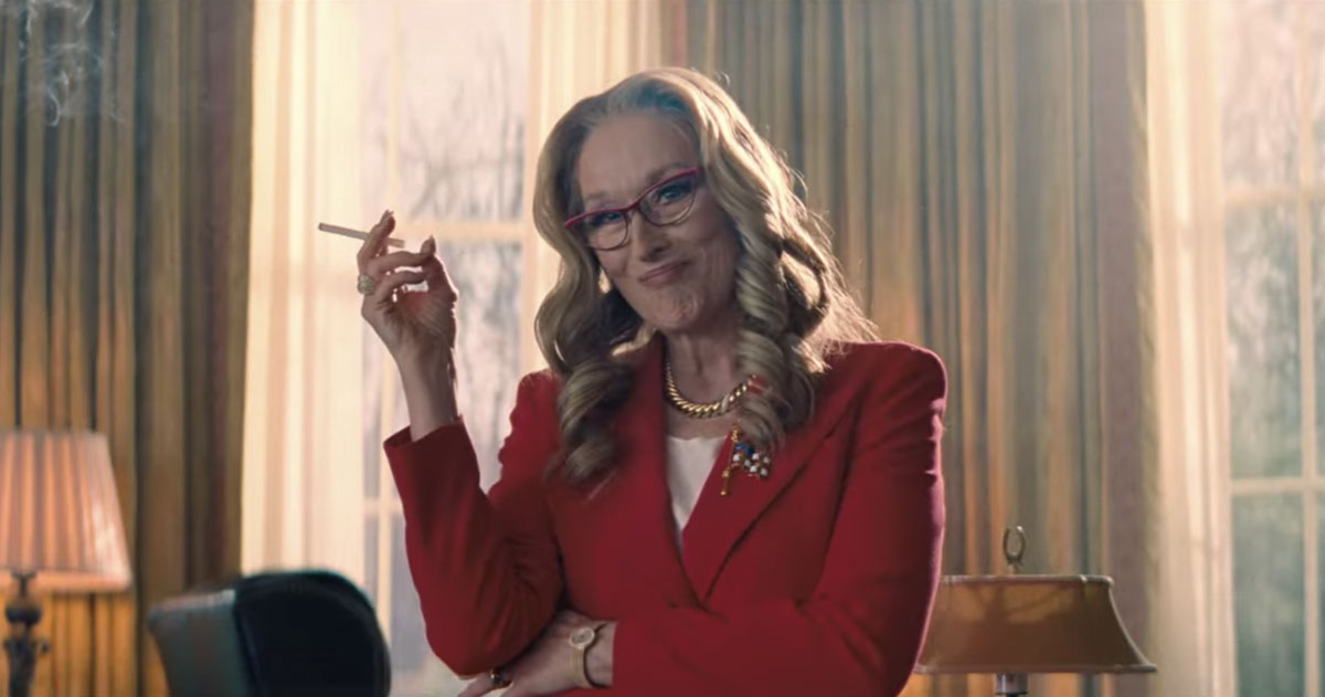 President Orlean smugly smoking in Dont Look Up, played by Meryl Streep