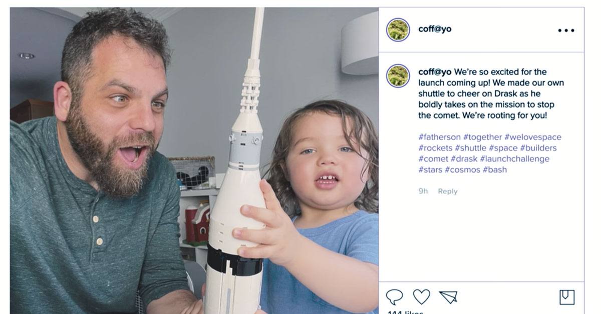 A father and child build a model rocket in honor of "launch savior" Benedict Dratch. It's all in the hastags.