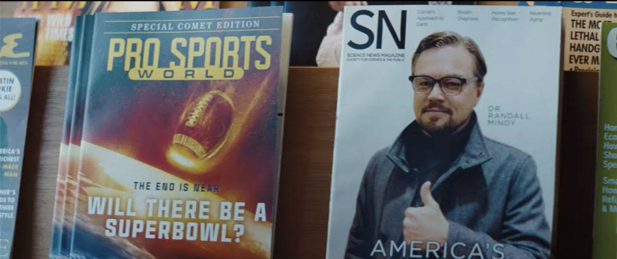 America's Sexiest Scientist next to a headline that reads "Will There Be A SuperBowl?" in Don't Look Up