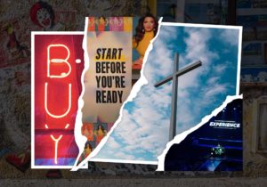 Collage of torn items atop Ronald McDonald graffiti - "BUY" neon sign, Everything is Figureoutable signage from Marie Forleo's Hammerstein Ballroom event, religious cross in cloudy sky, Hammerstein ballroom during Everything is Figureoutable event
