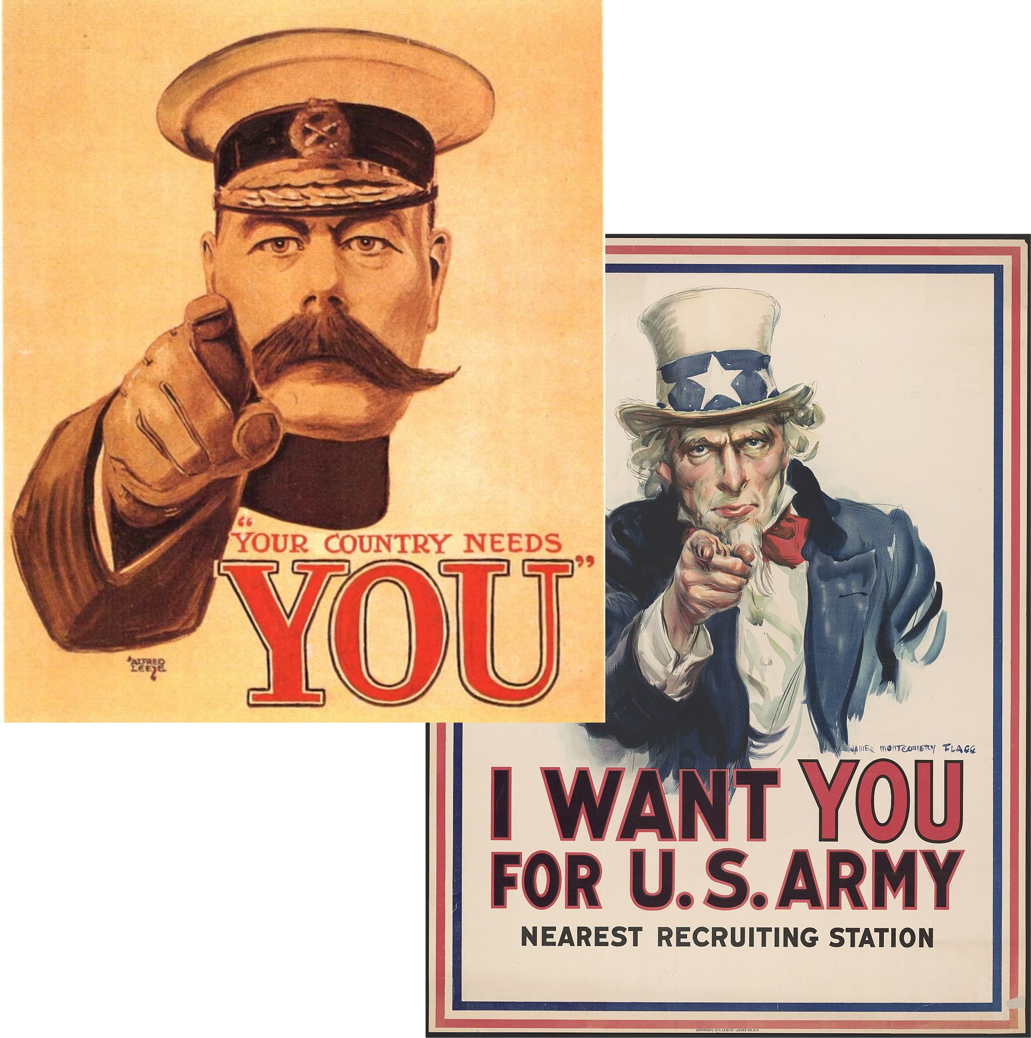 WWI propaganda - Lord Kitchener says Your country wants you and Uncle Sam says I want you for the U.S. Army