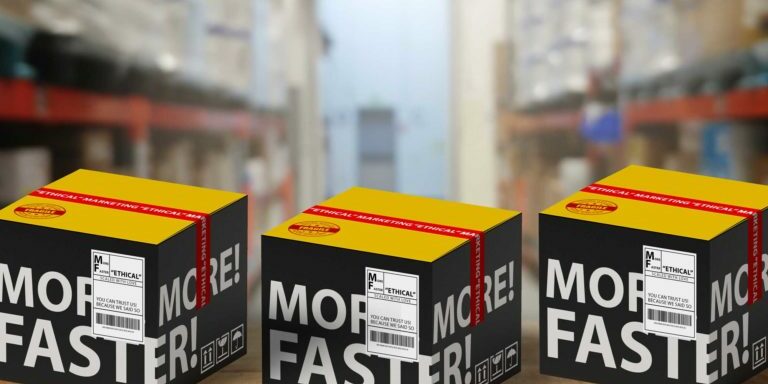 Row of dropshipping boxes that say "More! Faster!" with "Ethical" Marketing shipping label