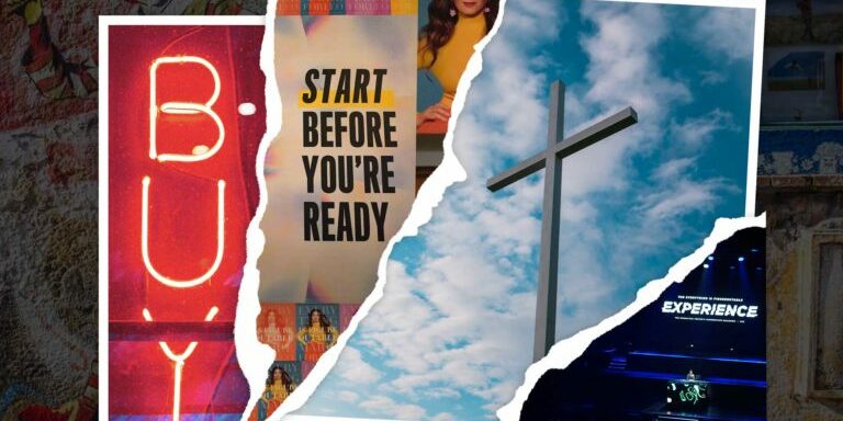 Collage of torn items atop Ronald McDonald graffiti - "BUY" neon sign, Everything is Figureoutable signage from Marie Forleo's Hammerstein Ballroom event, religious cross in cloudy sky, Hammerstein ballroom during Everything is Figureoutable event